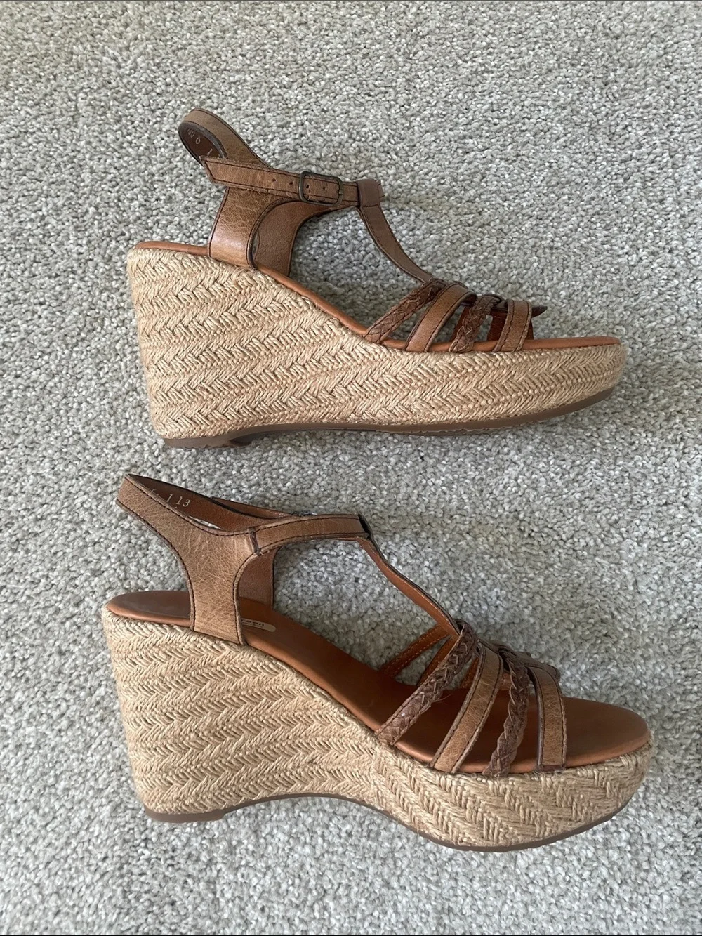 Paul Green Tan Leather Braided T-Strap Wedge Espadrilles.